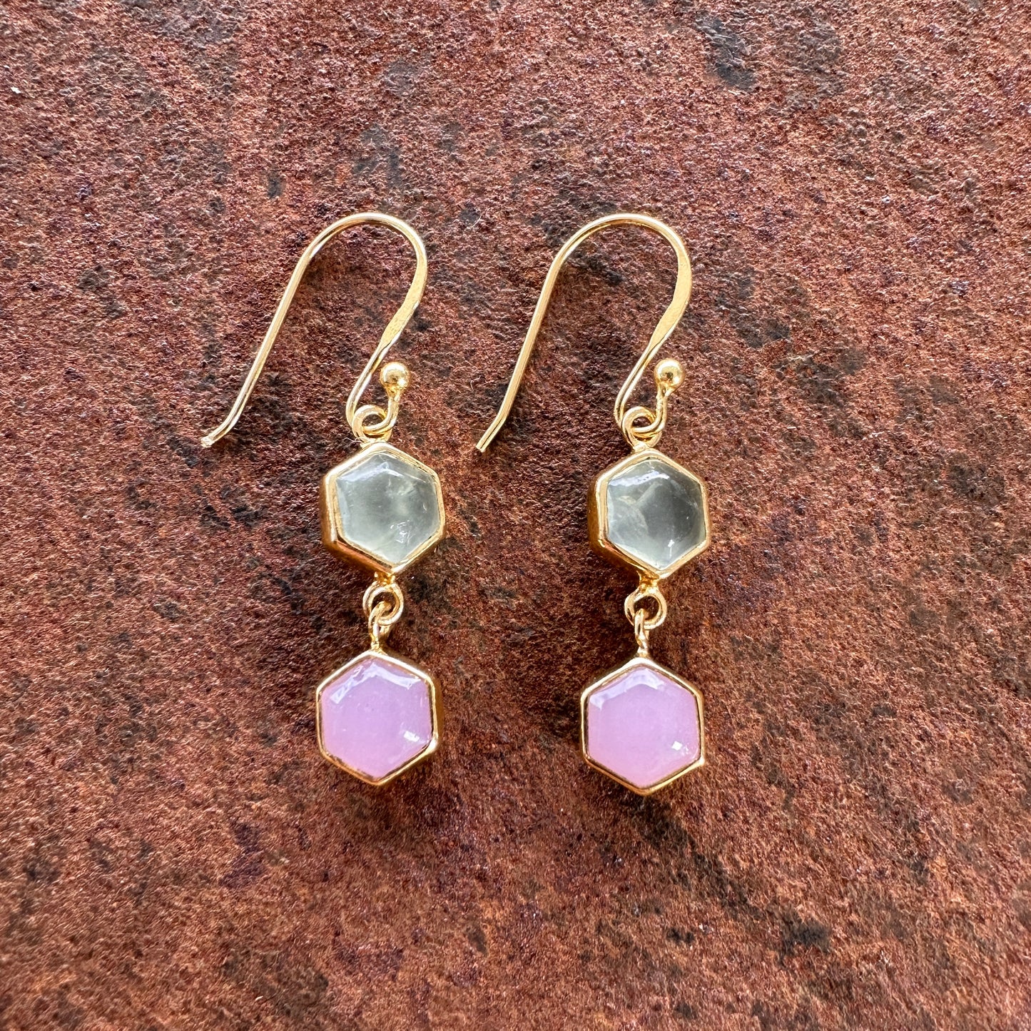 Alhambra prehnite and rose quartz hexagon drop earrings side view, Silk Road Collection, Primitive Earth Australian jewellery