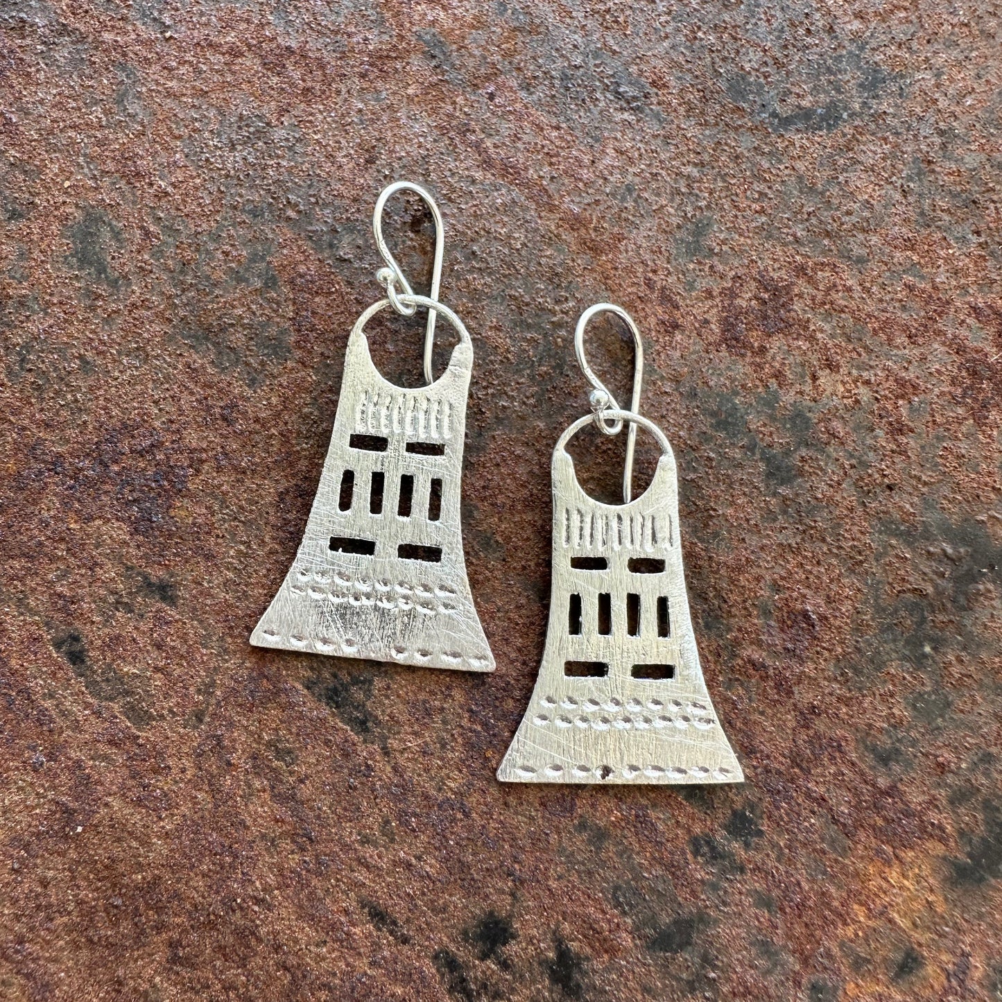 Bell Bird sterling silver tribal flared drop earrings, Ancient Country Collection, Primitive Earth Australian jewellery, matte finish
