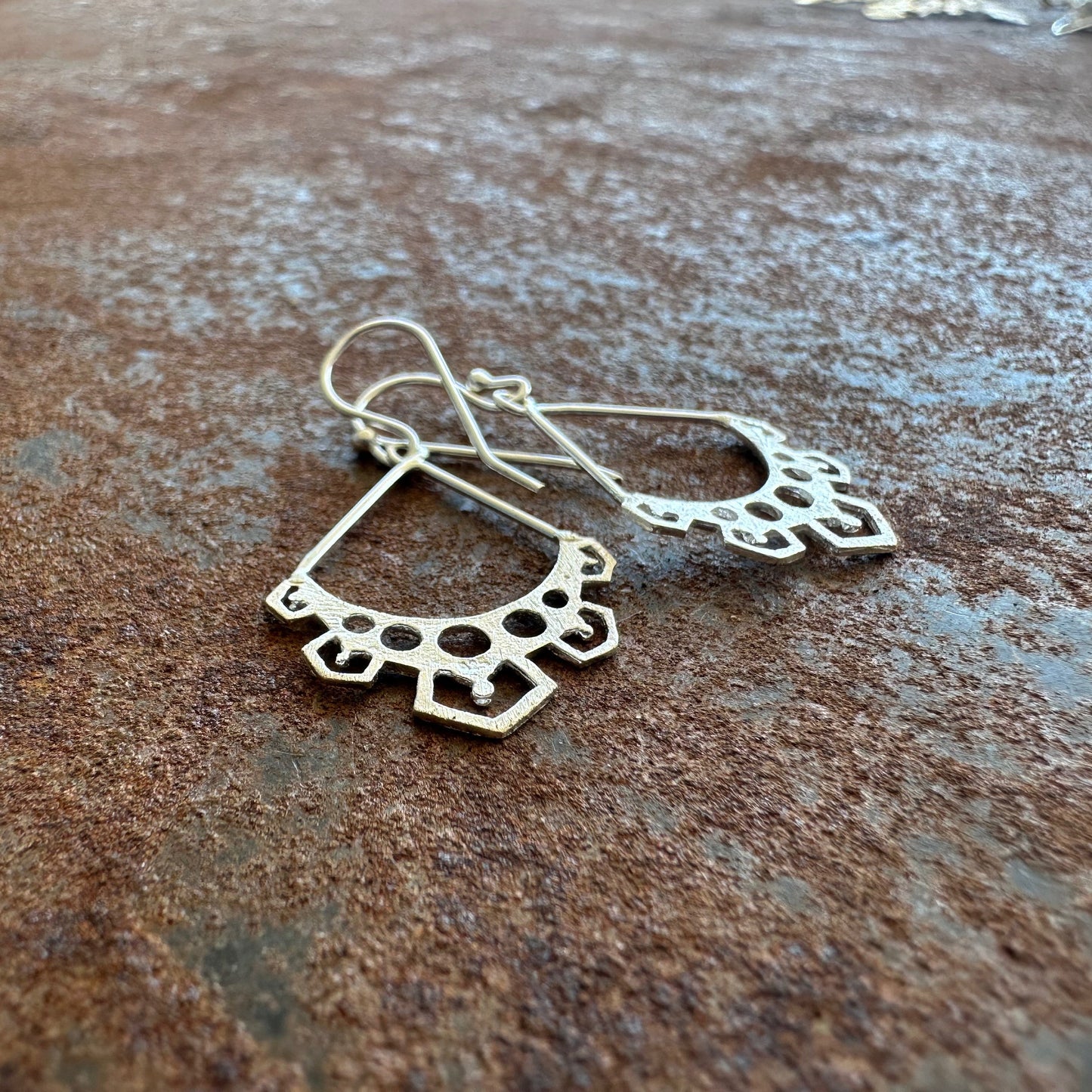 Below the Surface sterling silver tribal crescent earrings, Ancient Country Collection, Primitive Earth Australian jewellery, matte finish