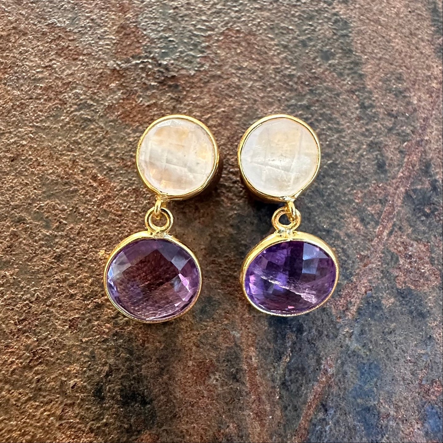 Ceylon Twilight moonstone and amethyst stud earrings, Silk Road Collection, Primitive Earth Australian jewellery
