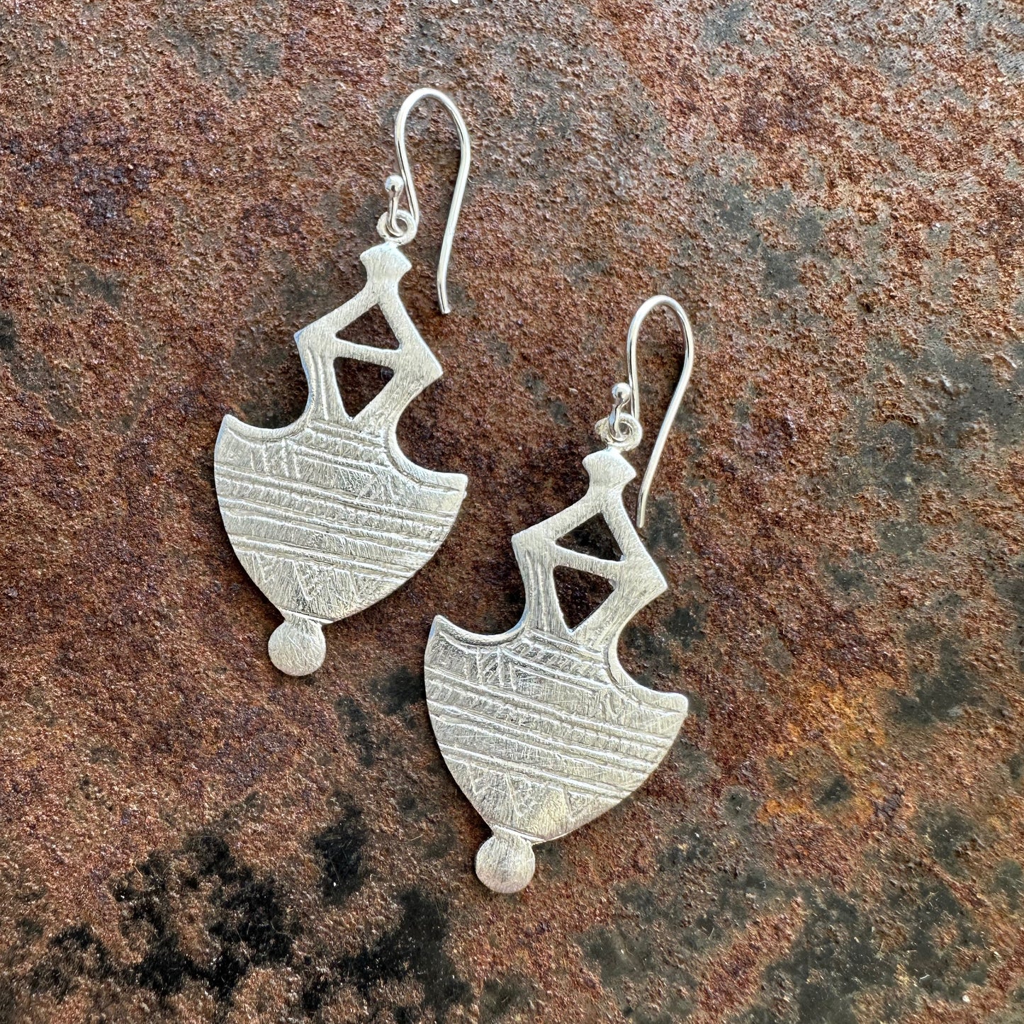 Distant Shores sterling silver tribal drop earrings, Ancient Country Collection, Primitive Earth Australian jewellery, matte finish