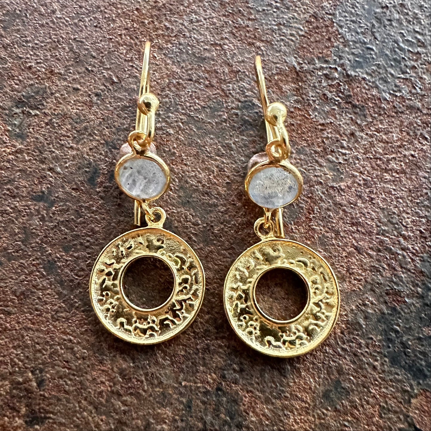 Celestia labradorite and gold disc drop earrings, Silk Road Collection, Primitive Earth Australian jewellery