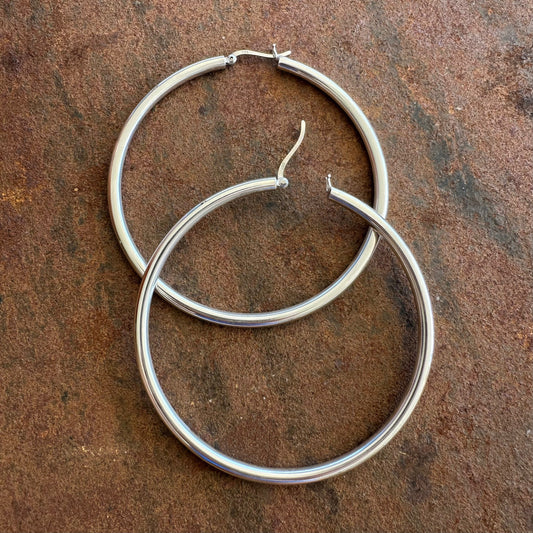 Extra large sterling silver hoop earrings showing click back fastening, Primitive Earth