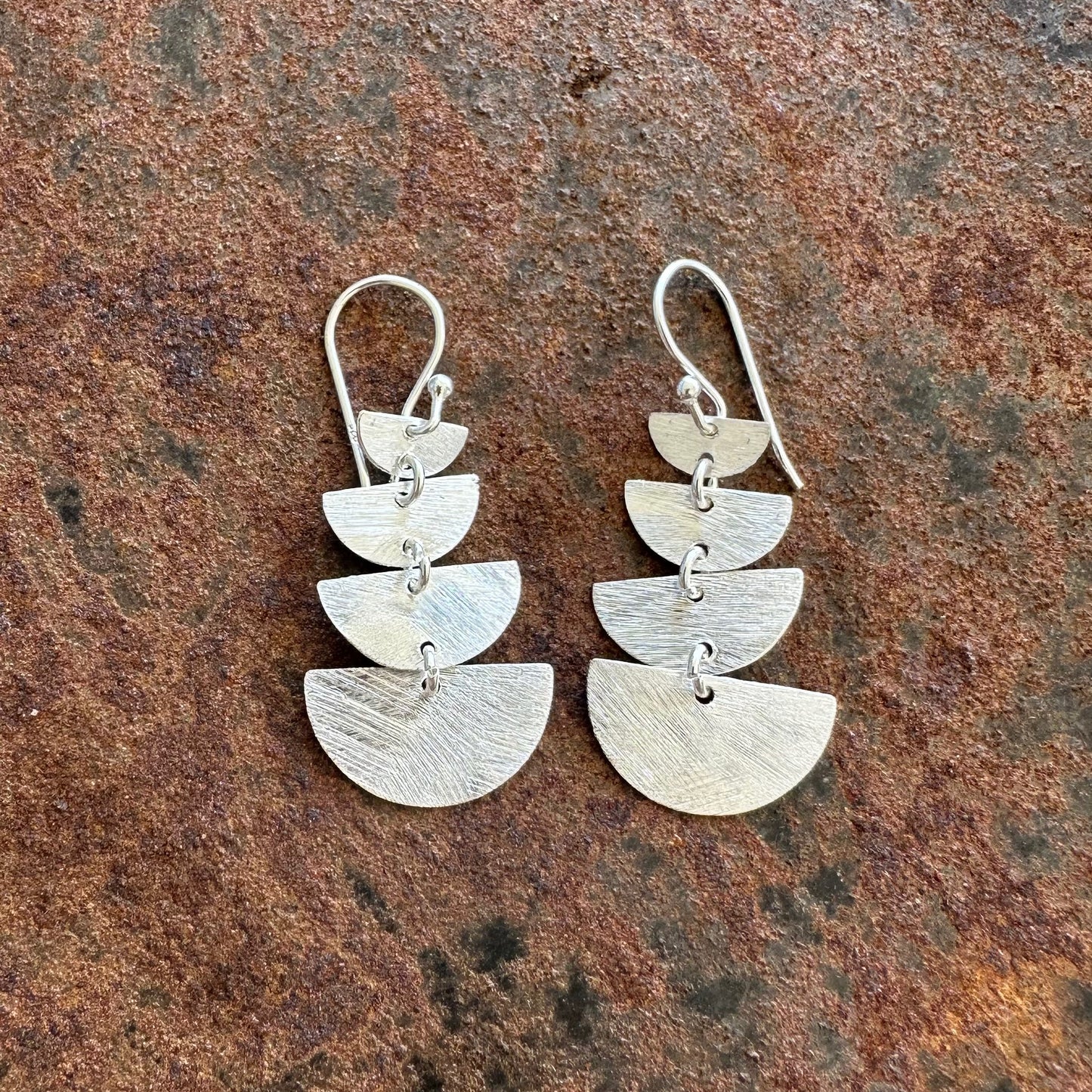 Moon Tides sterling silver cascading crescent earrings, Ancient Country Collection, Primitive Earth Australian jewellery, matte finish