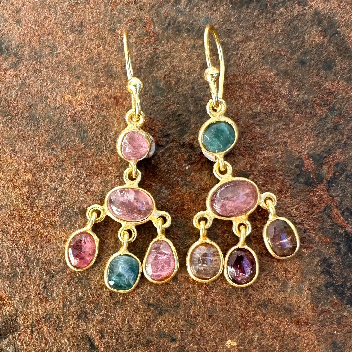 Persian Dawn tourmaline cluster drop earrings colourway two, Silk Road Collection, Primitive Earth Australian jewellery