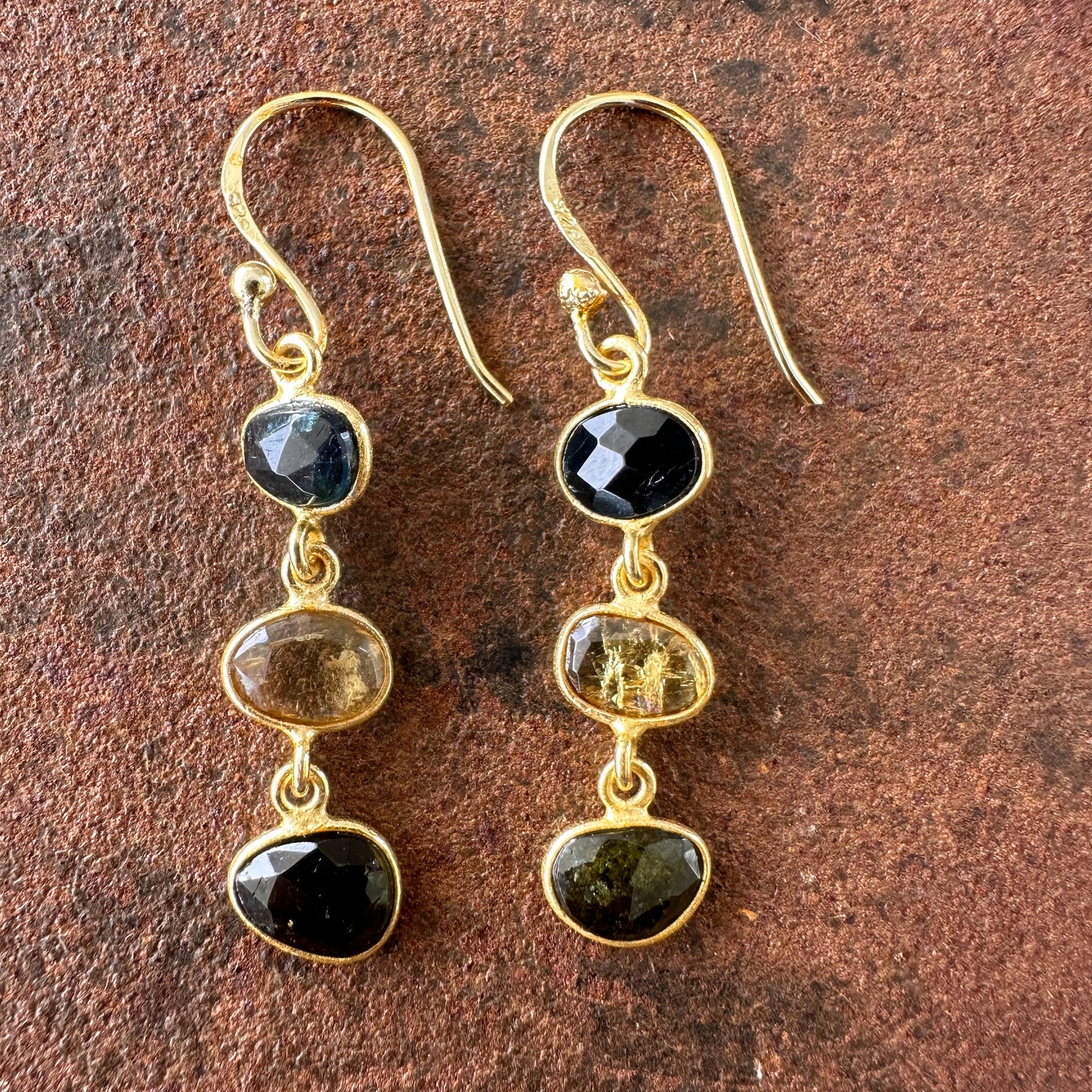 Persian Paradise tourmaline drop earrings colourway 4 side view, Silk Road Collection, Primitive Earth Australian jewellery