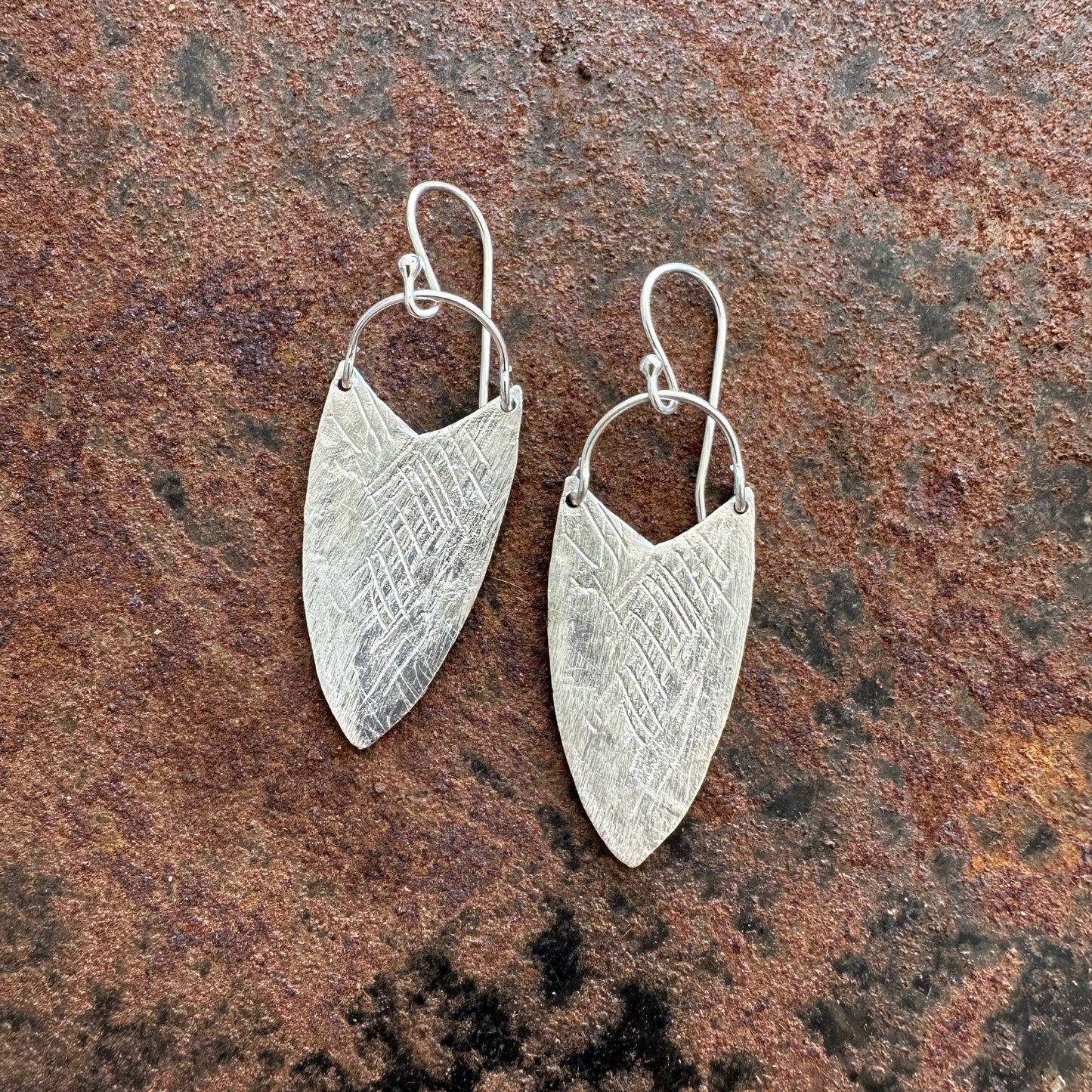 River Song sterling silver tribal leaf earrings, Ancient Country Collection, Primitive Earth Australian jewellery, matte finish