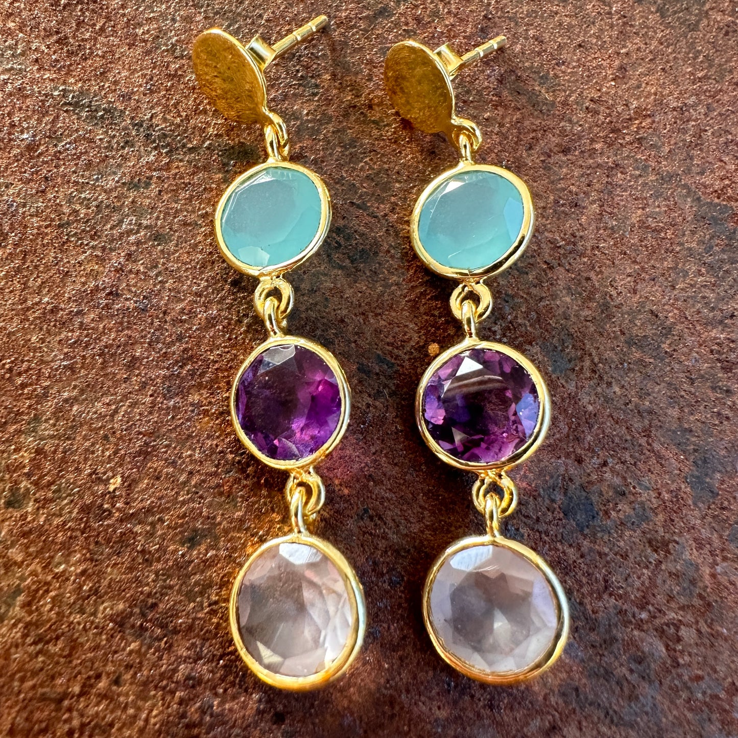 Silk Caravan blue chalcedony, amethyst and clear quartz drop earrings, Silk Road Collection, Primitive Earth Australian jewellery