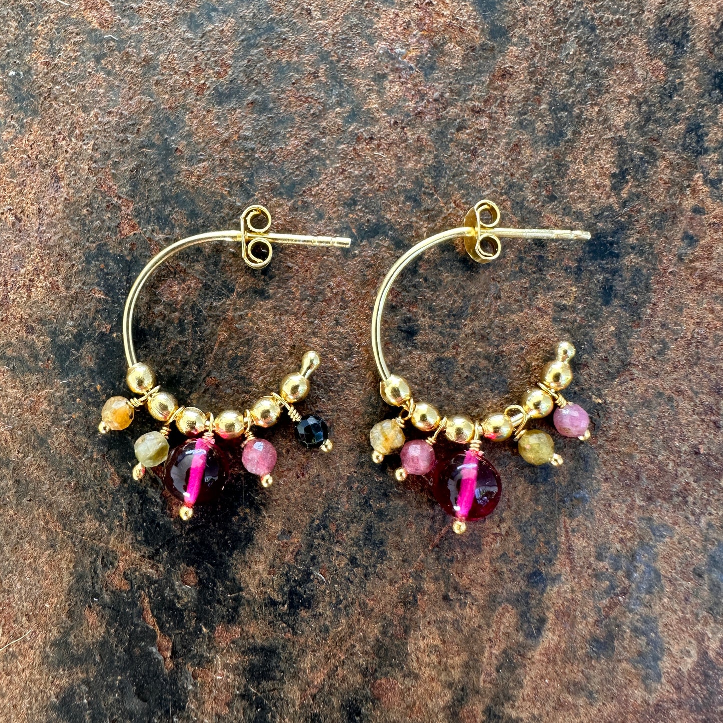 Tribal Gold tourmaline and gold bead hoop earrings, Silk Road Collection, Primitive Earth Australian jewellery