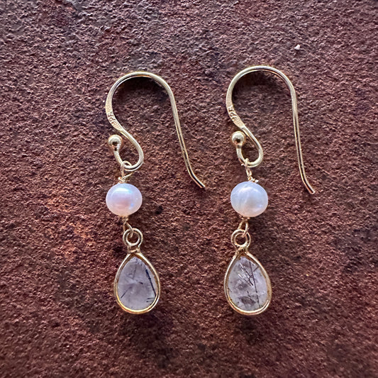 Huma pearl and rutile quartz drop earrings front view / side view, Silk Road Collection, Primitive Earth Australian jewellery