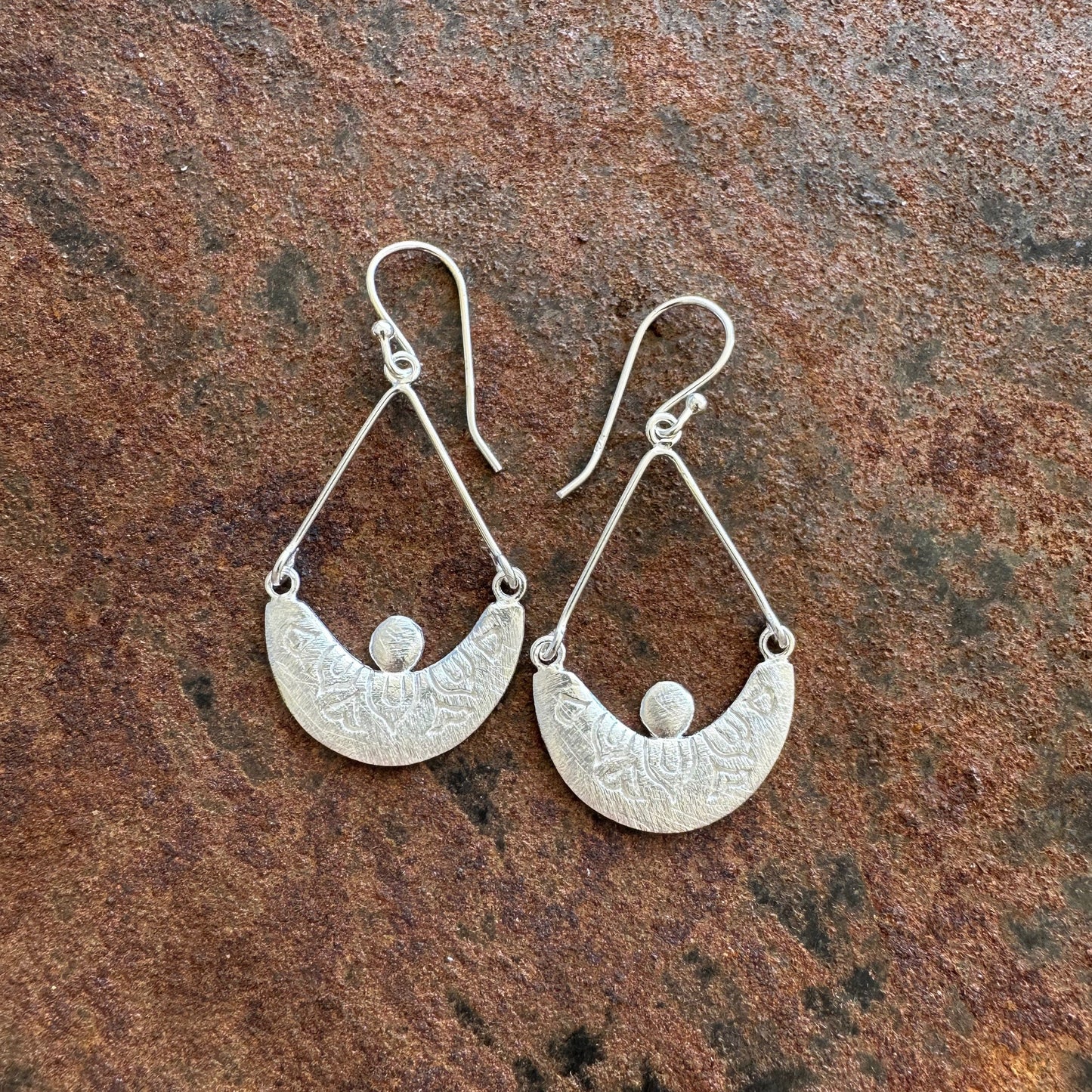 Pearling Moon sterling silver tribal teardrop earrings close up detail, Ancient Country Collection, Primitive Earth Australian jewellery