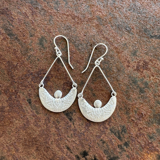 Pearling Moon sterling silver tribal teardrop earrings close up detail, Ancient Country Collection, Primitive Earth Australian jewellery
