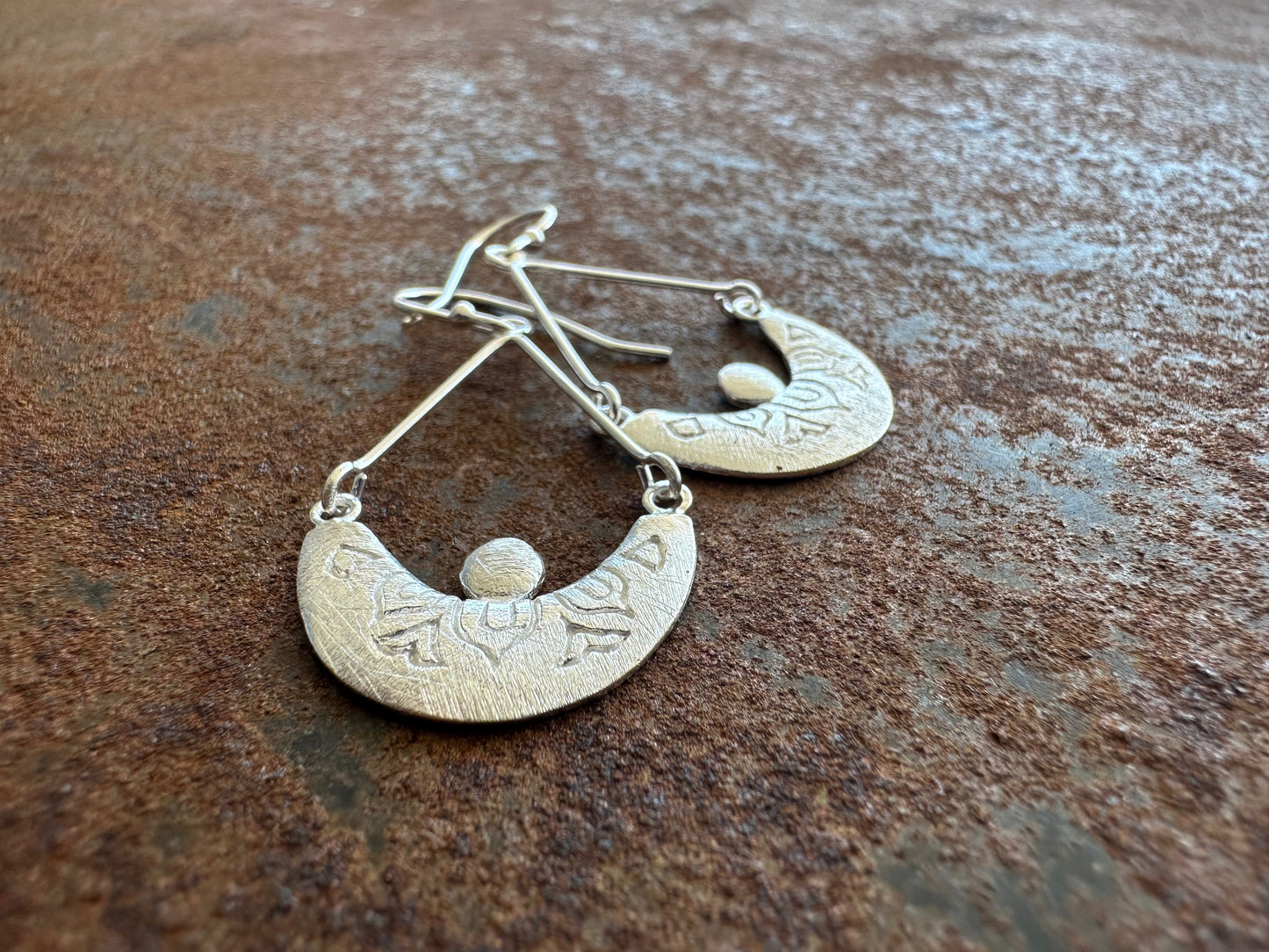 Pearling Moon sterling silver tribal teardrop earrings close up detail, Ancient Country Collection, Primitive Earth Australian jewellery