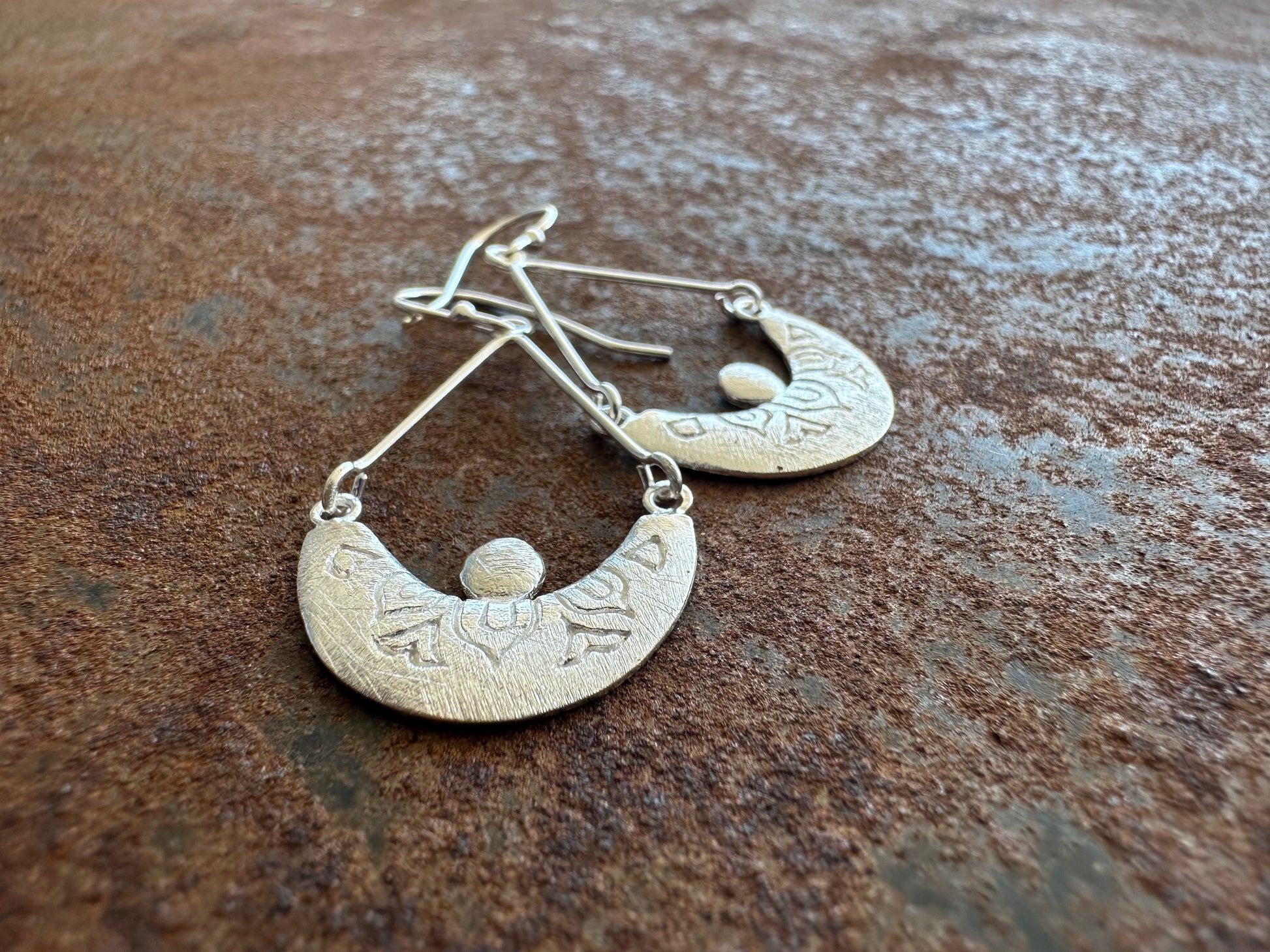 Pearling Moon sterling silver tribal teardrop earrings close up detail, Ancient Country Collection, Primitive Earth Australian jewellery