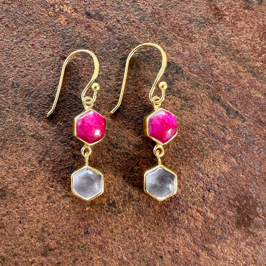 Alhambra garnet and moonstone hexagon drop earrings side view, Silk Road Collection, Primitive Earth Australian jewellery