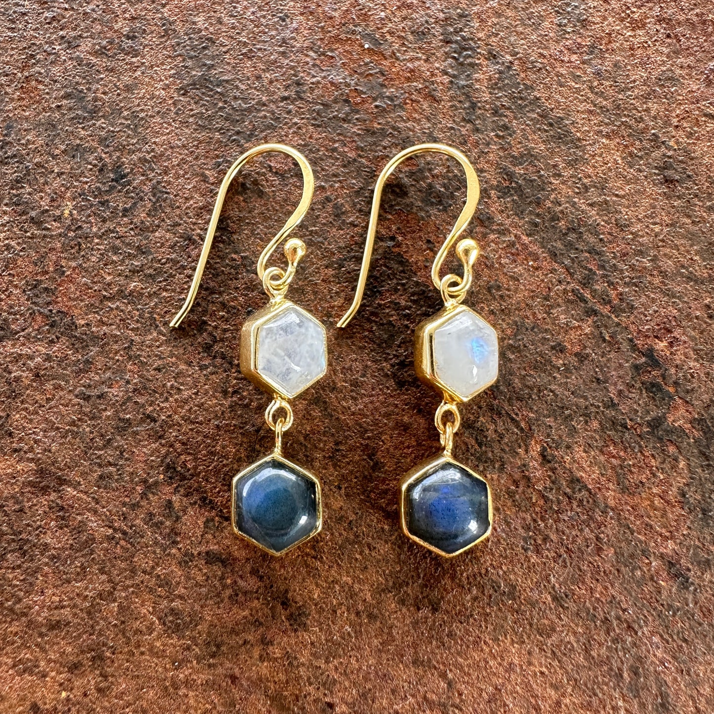 Alhambra moonstone and labradorite hexagon drop earrings side view, Silk Road Collection, Primitive Earth Australian jewellery