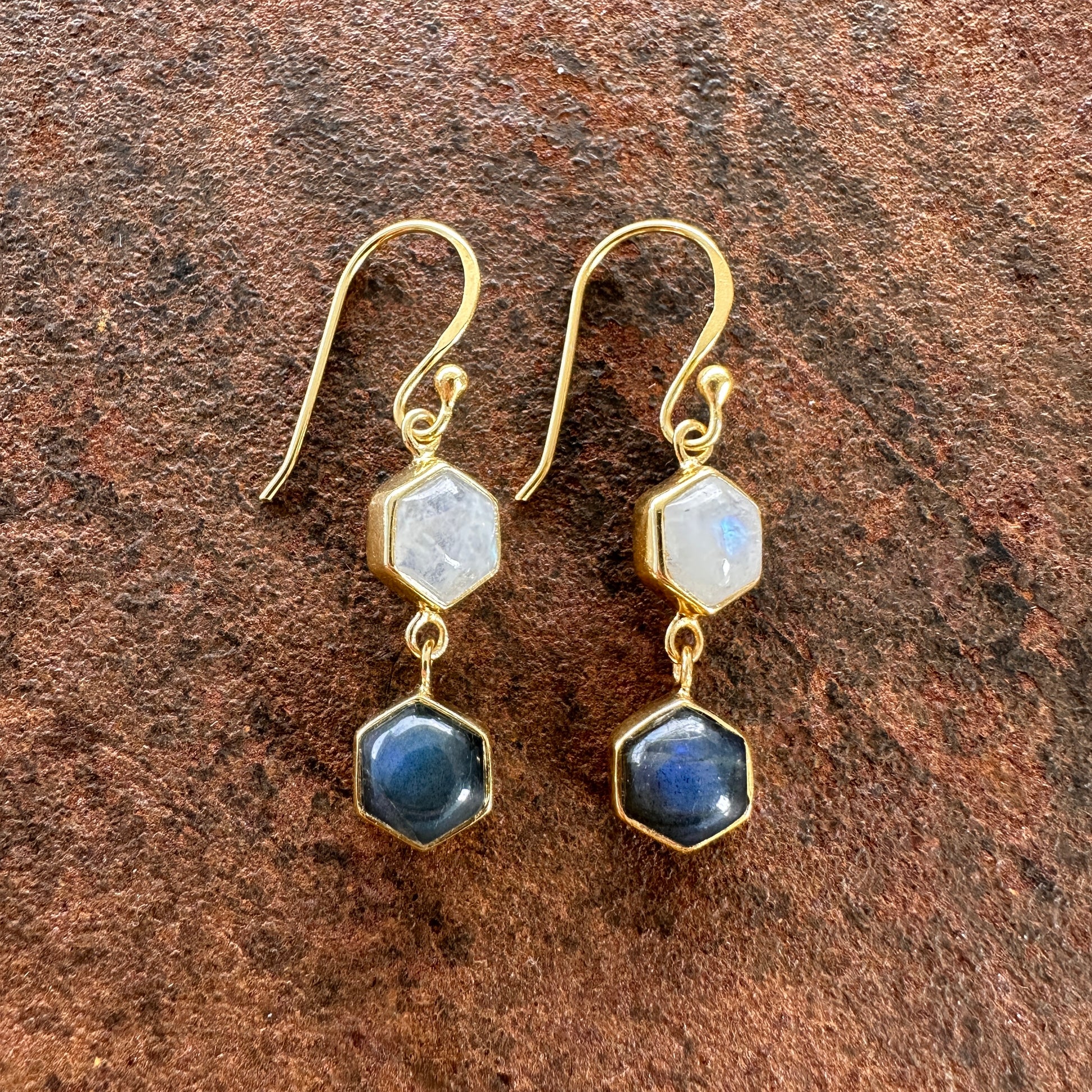 Alhambra moonstone and labradorite hexagon drop earrings side view, Silk Road Collection, Primitive Earth Australian jewellery