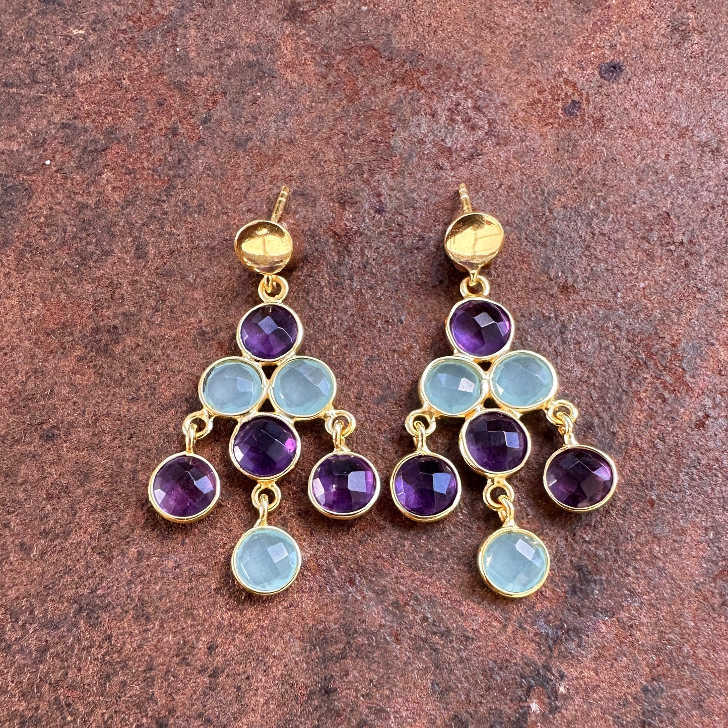 Amethyst and amazonite: Babylon amethyst and amazonite chandelier drop earrings, Silk Road Collection, Primitive Earth Australian jewellery