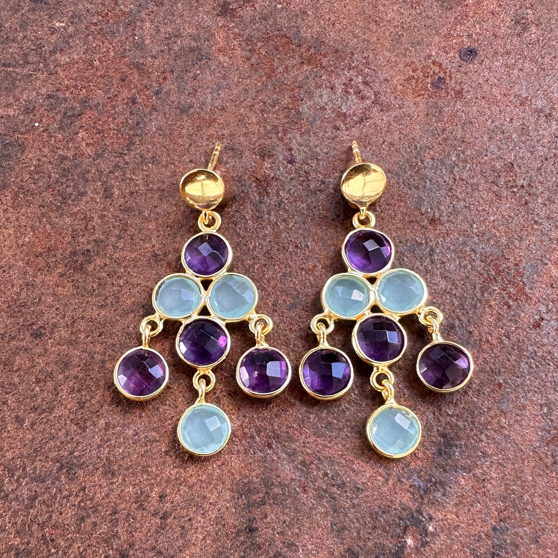 Amethyst and amazonite: Babylon amethyst and amazonite chandelier drop earrings, Silk Road Collection, Primitive Earth Australian jewellery