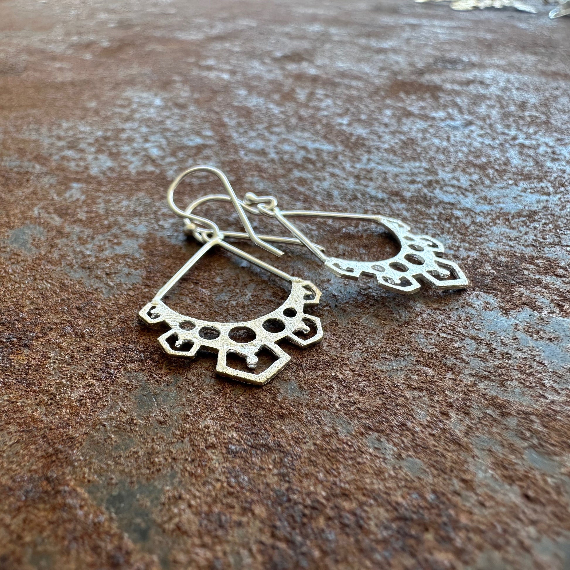 Below the Surface sterling silver tribal crescent earrings, Ancient Country Collection, Primitive Earth Australian jewellery, matte finish