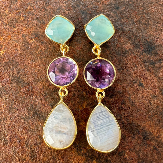 Caravanserai blue chalcedony, amethyst and moonstone graduated drop earrings, Silk Road Collection, Primitive Earth Australian jewellery
