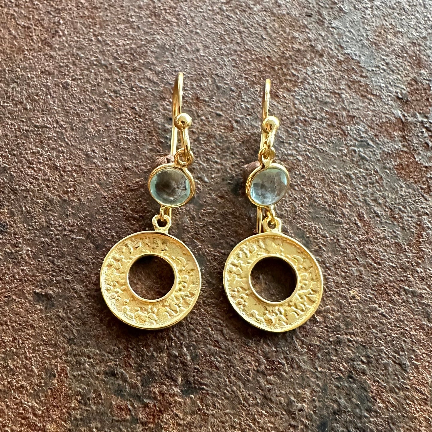 Celestia blue topaz and gold disc drop earrings, Silk Road Collection, Primitive Earth Australian jewellery