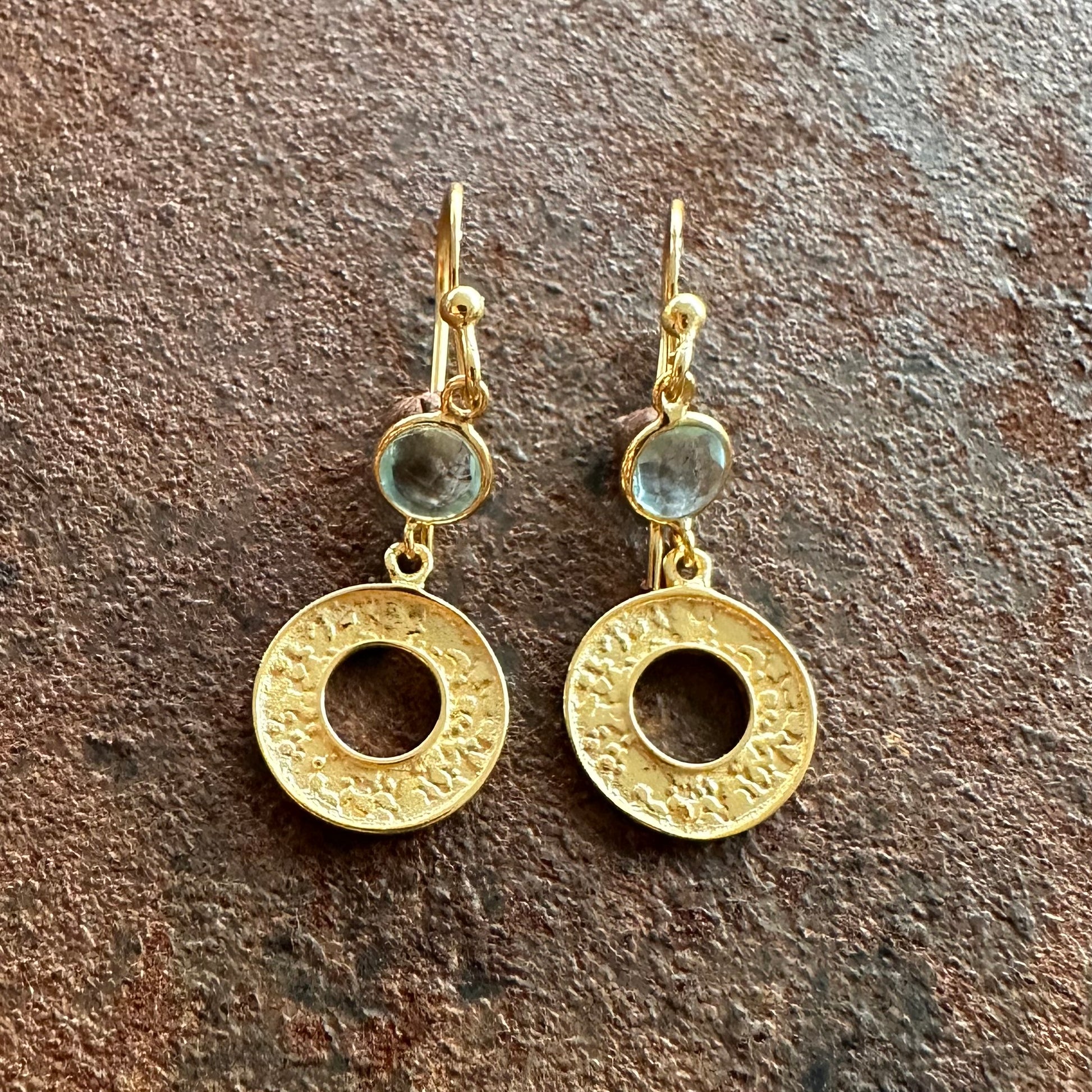 Celestia blue topaz and gold disc drop earrings, Silk Road Collection, Primitive Earth Australian jewellery