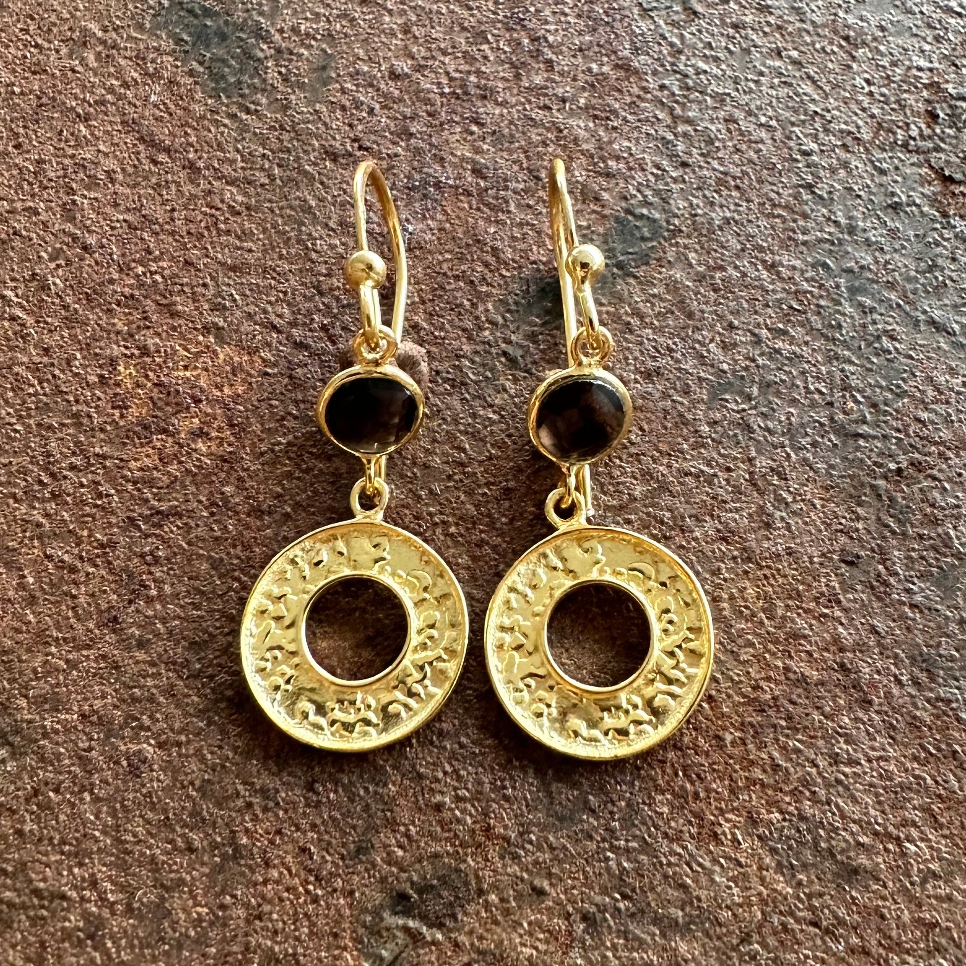 Celestia smoky quartz and gold disc drop earrings, Silk Road Collection, Primitive Earth Australian jewellery