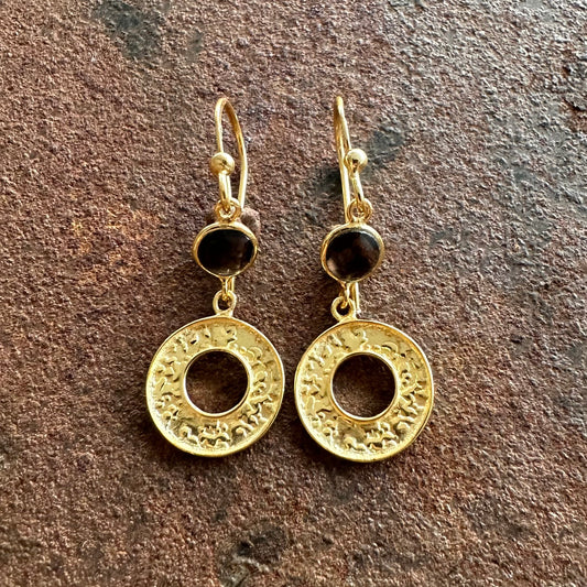 Celestia smoky quartz and gold disc drop earrings, Silk Road Collection, Primitive Earth Australian jewellery