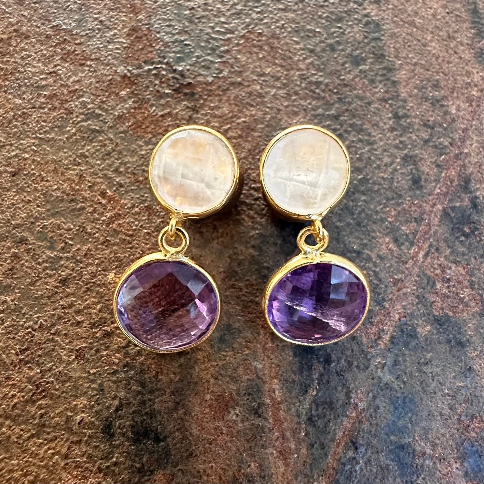 Ceylon Twilight moonstone and amethyst stud earrings, Silk Road Collection, Primitive Earth Australian jewellery