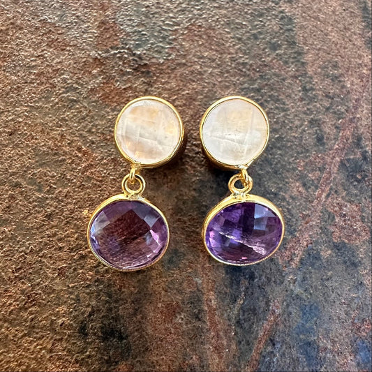 Ceylon Twilight moonstone and amethyst stud earrings, Silk Road Collection, Primitive Earth Australian jewellery