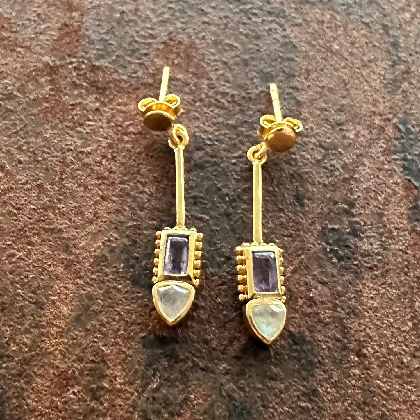 Constantinople amethyst and moonstone drop earrings, Silk Road Collection, Primitive Earth Australian jewellery