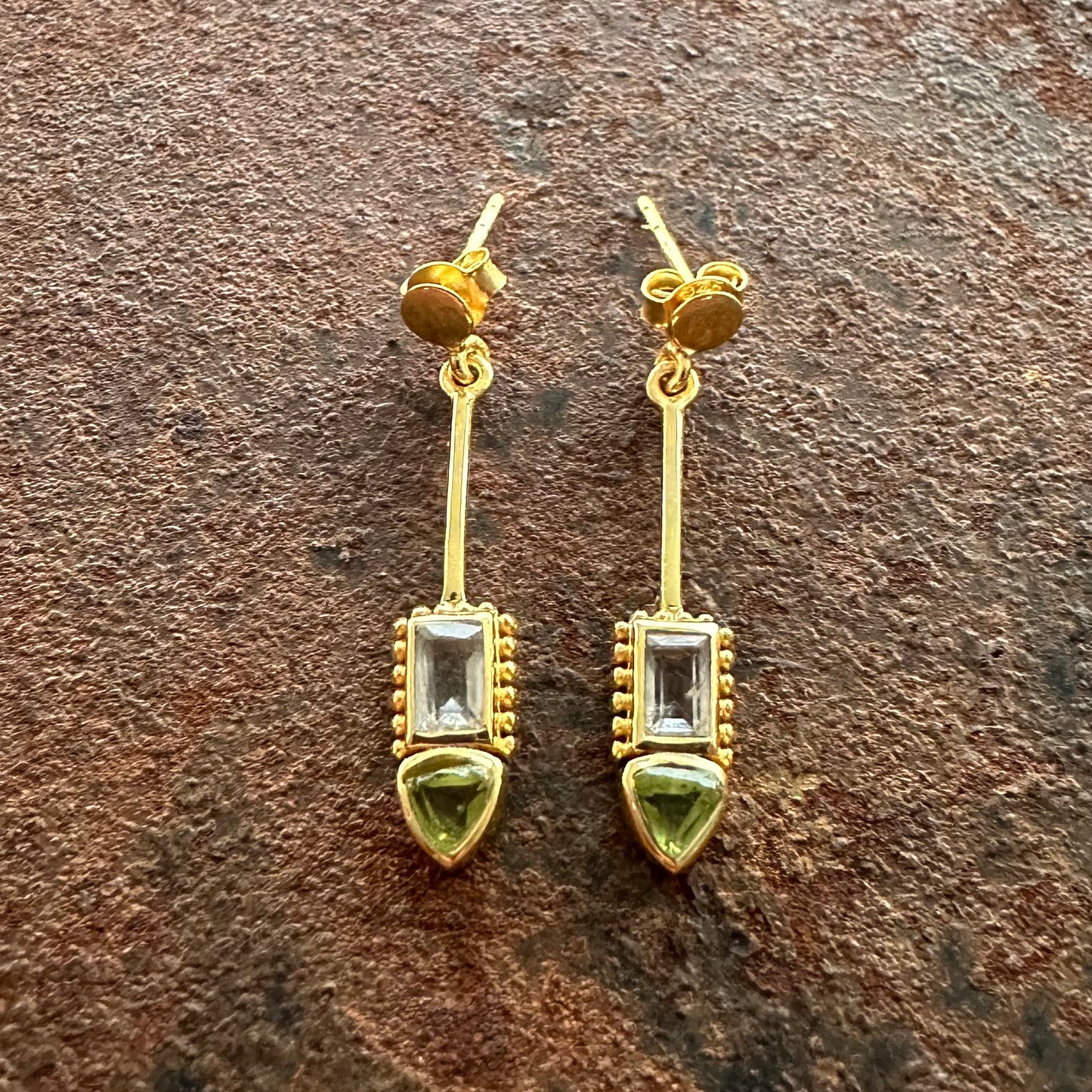 Constantinople clear quartz and peridot drop earrings, Silk Road Collection, Primitive Earth Australian jewellery