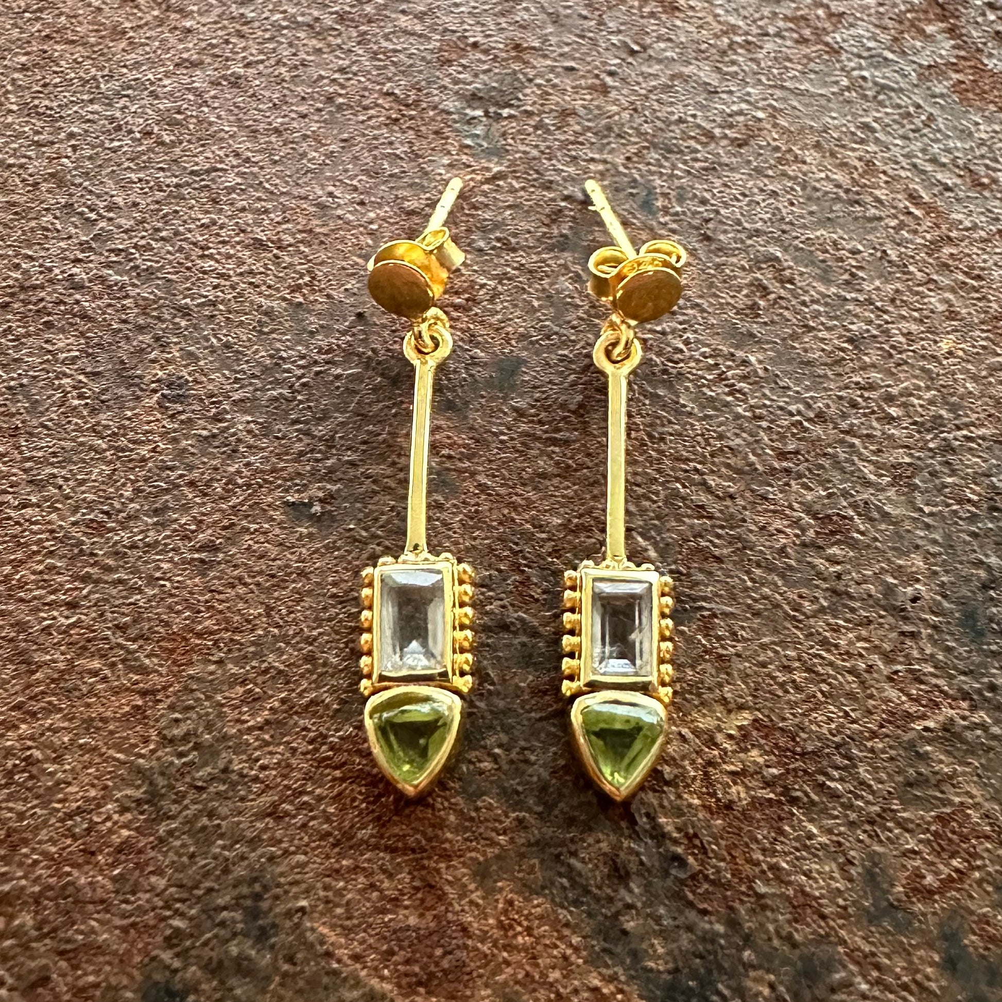 Constantinople clear quartz and peridot drop earrings, Silk Road Collection, Primitive Earth Australian jewellery