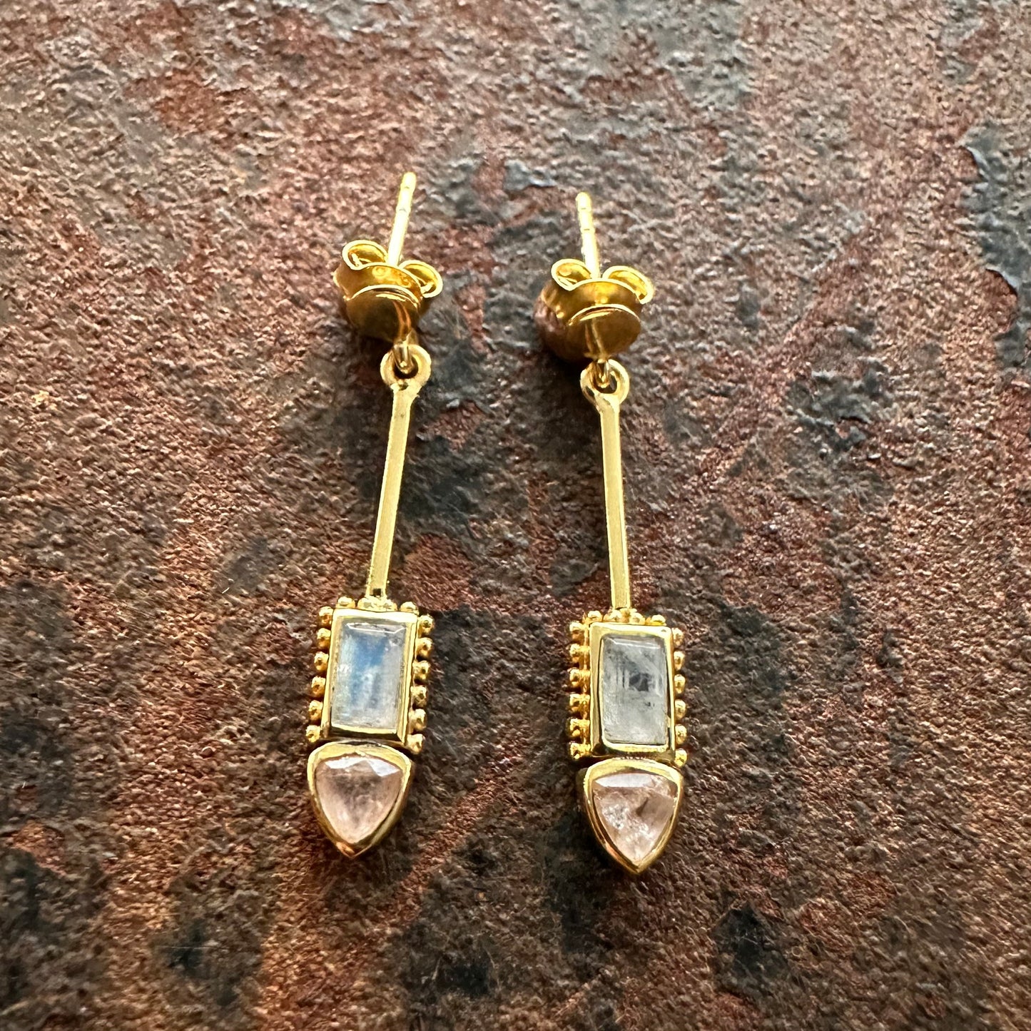 Constantinople moonstone and rose quartz drop earrings, Silk Road Collection, Primitive Earth Australian jewellery