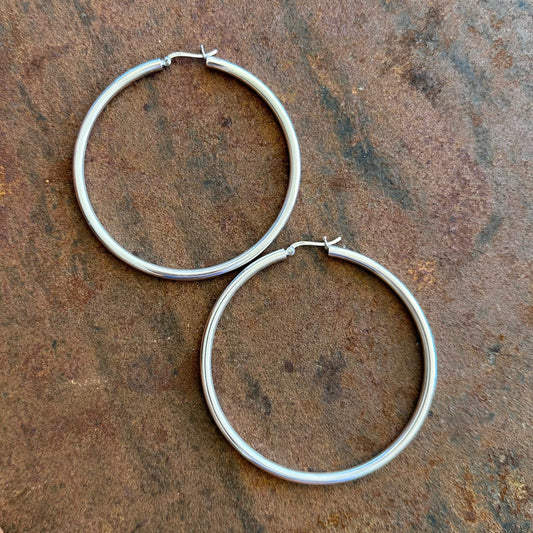 Extra large sterling silver hoop earrings flat lay, Primitive Earth Australian jewellery