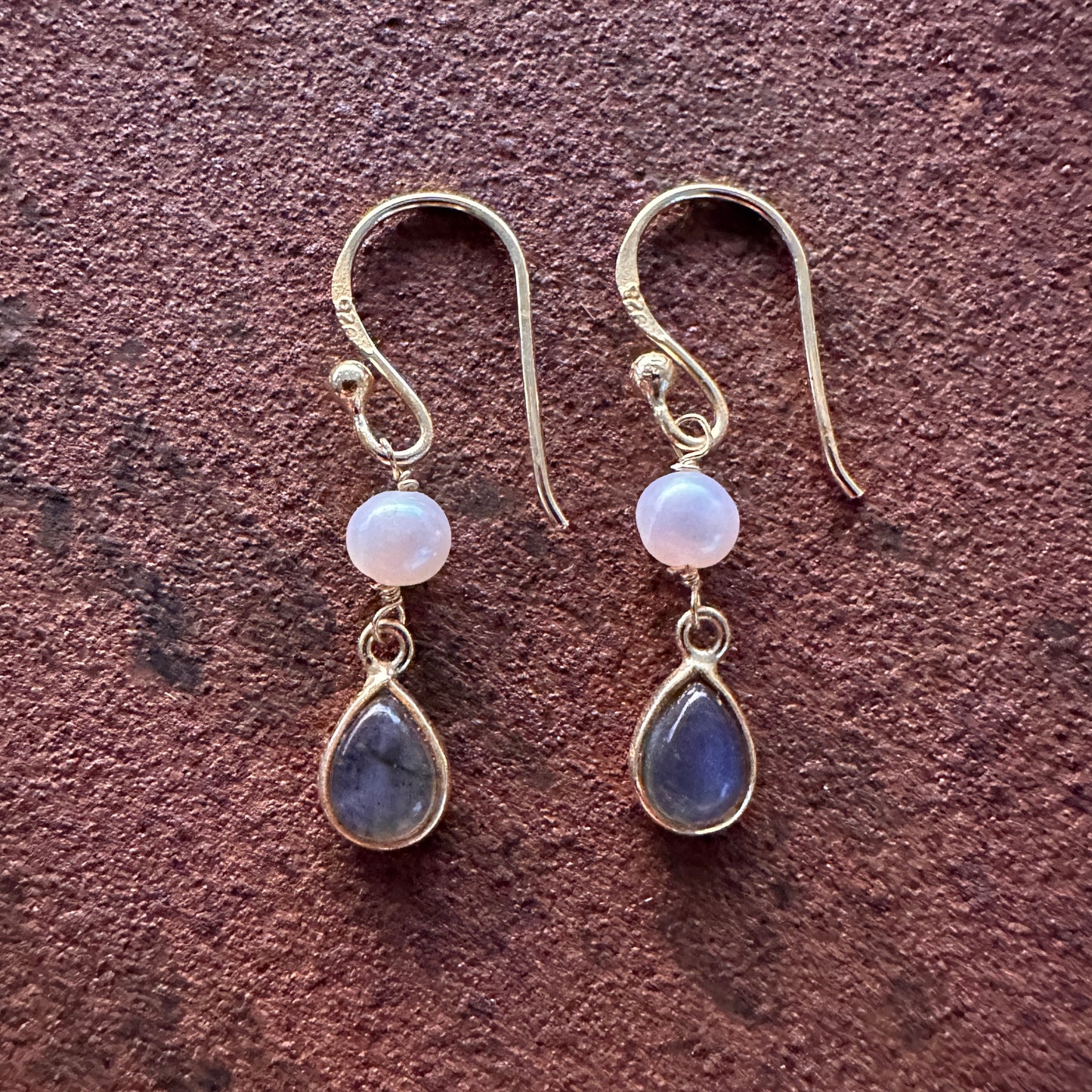 Huma pearl and labradorite drop earrings front view / side view, Silk Road Collection, Primitive Earth Australian jewellery