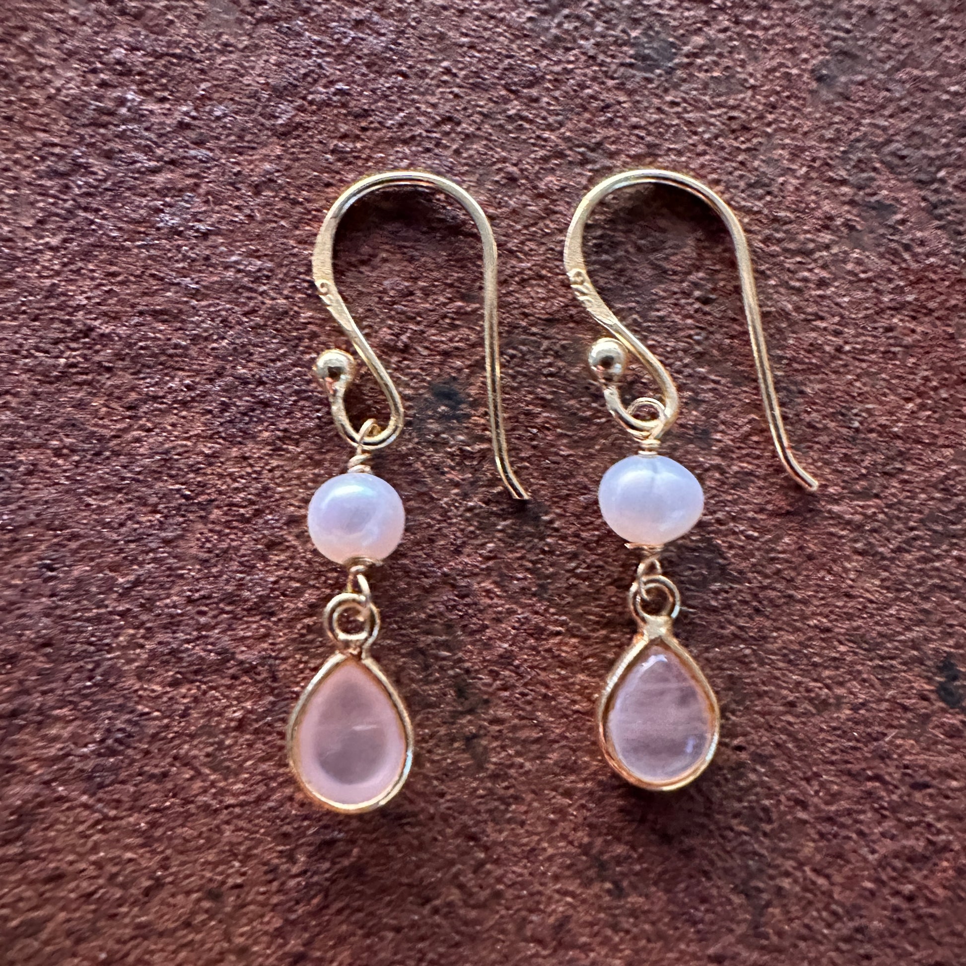 Huma pearl and rose quartz drop earrings front view / side view, Silk Road Collection, Primitive Earth Australian jewellery
