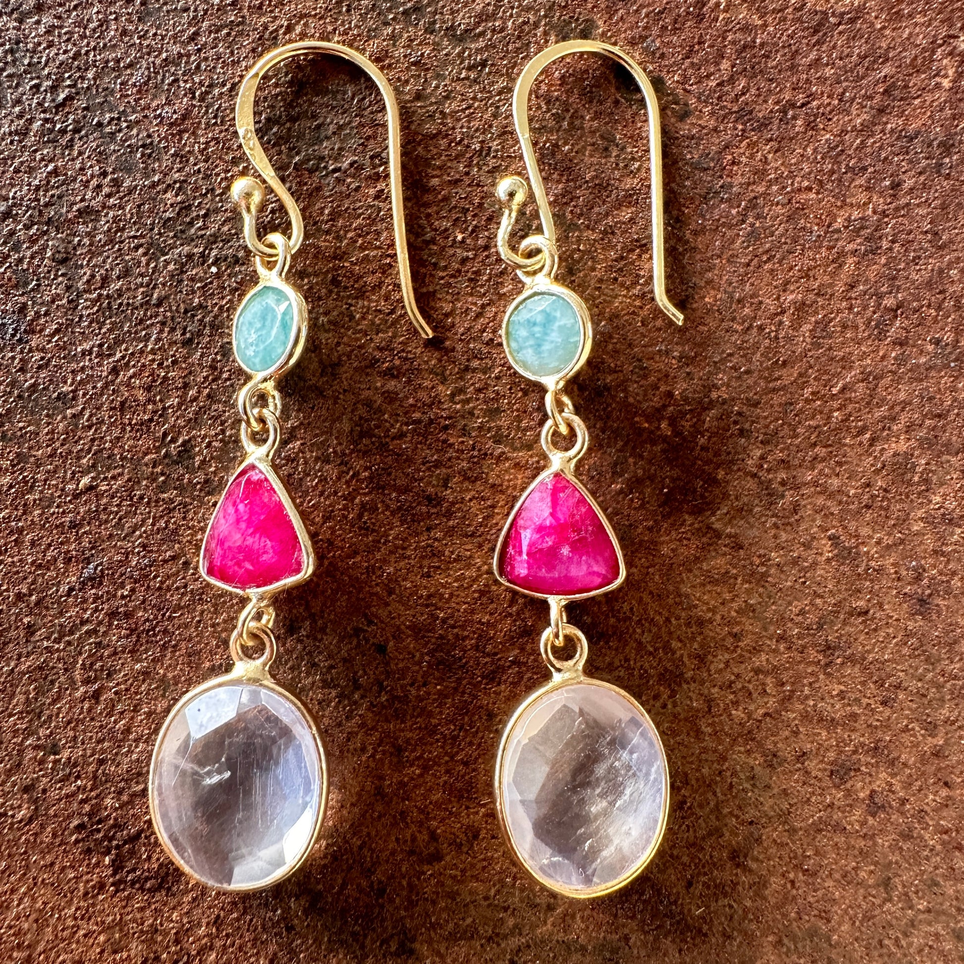 Amazonite/garnet/cloudy quartz: Ishtar amazonite, garnet and cloudy quartz drop earrings, Silk Road Collection, Primitive Earth Australian jewellery
