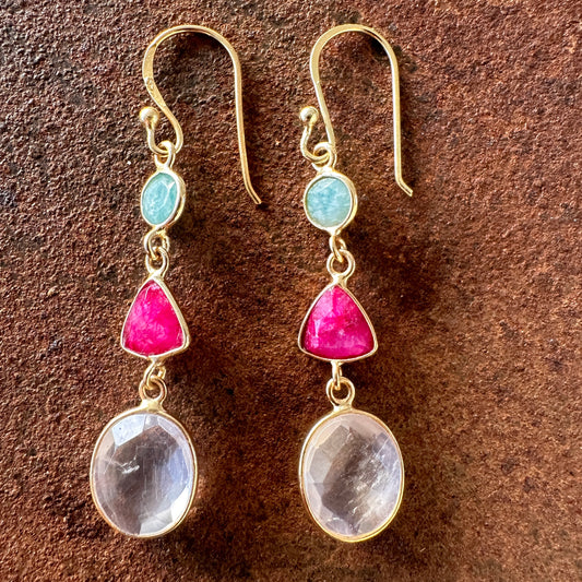 Amazonite/garnet/cloudy quartz: Ishtar amazonite, garnet and cloudy quartz drop earrings, Silk Road Collection, Primitive Earth Australian jewellery

