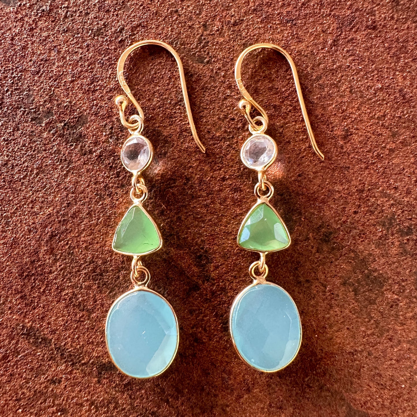 Clear quartz/amazonite/blue chalcedony: Ishtar clear quartz, amazonite and blue chalcedony drop earrings, Silk Road Collection, Primitive Earth Australian jewellery