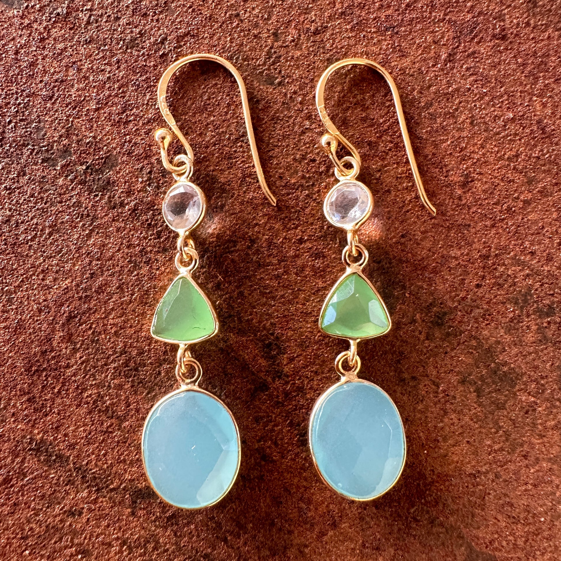 Clear quartz/amazonite/blue chalcedony: Ishtar clear quartz, amazonite and blue chalcedony drop earrings, Silk Road Collection, Primitive Earth Australian jewellery