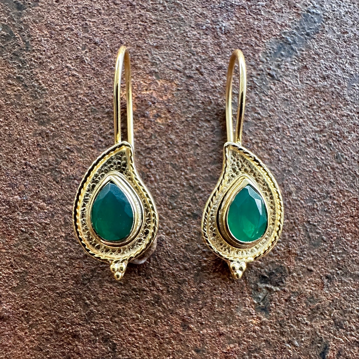 Kashmir green onyx teardrop earrings, Silk Road Collection, Primitive Earth Australian jewellery