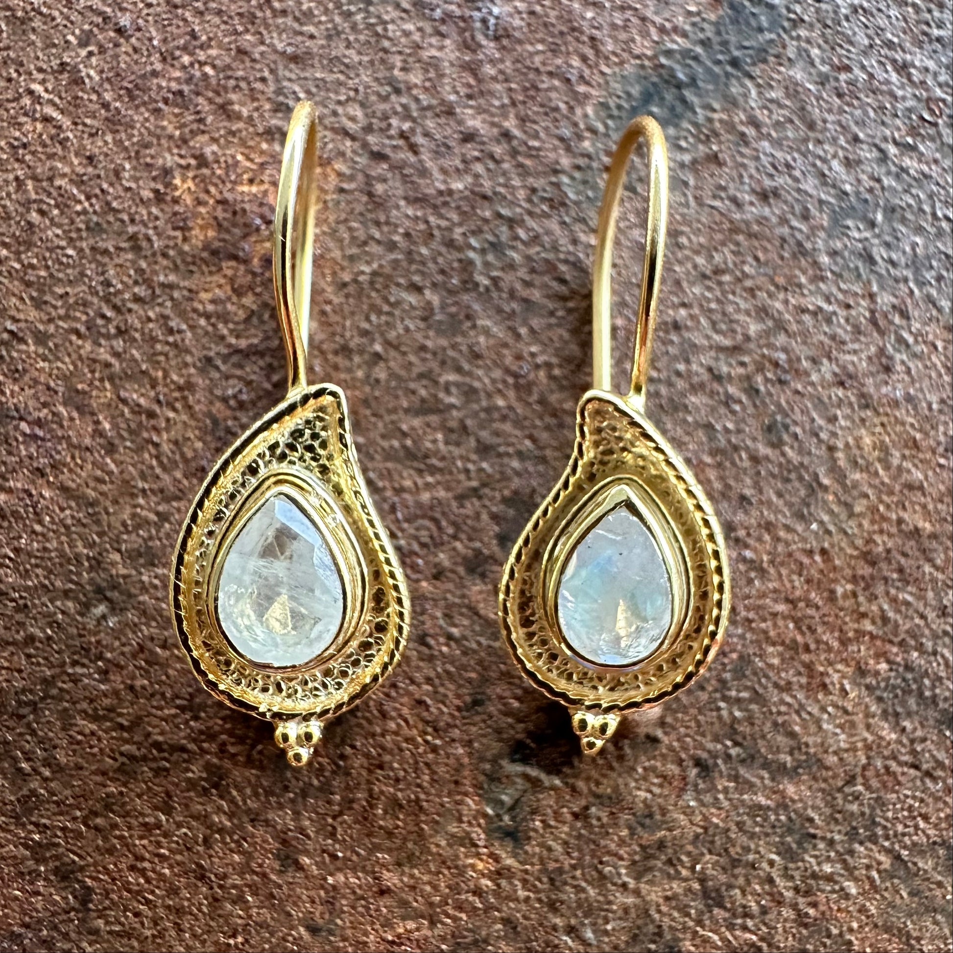 Kashmir moonstone teardrop earrings, Silk Road Collection, Primitive Earth Australian jewellery