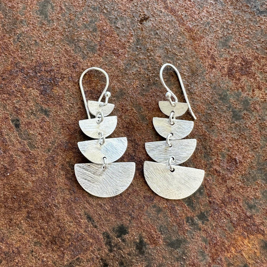 Moon Tides sterling silver cascading crescent earrings, Ancient Country Collection, Primitive Earth Australian jewellery, matte finish
