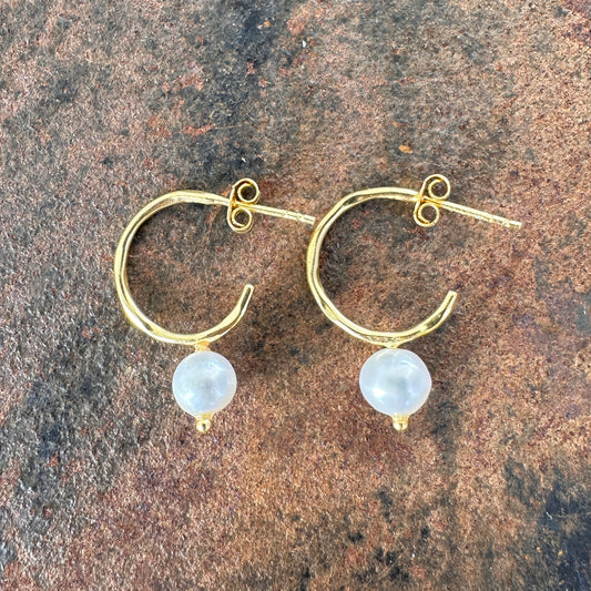 Single pearl on hammered gold hoop earrings. Part of the Primitive Earth Silk Road Collection. Sunshine Coast, Queensland.