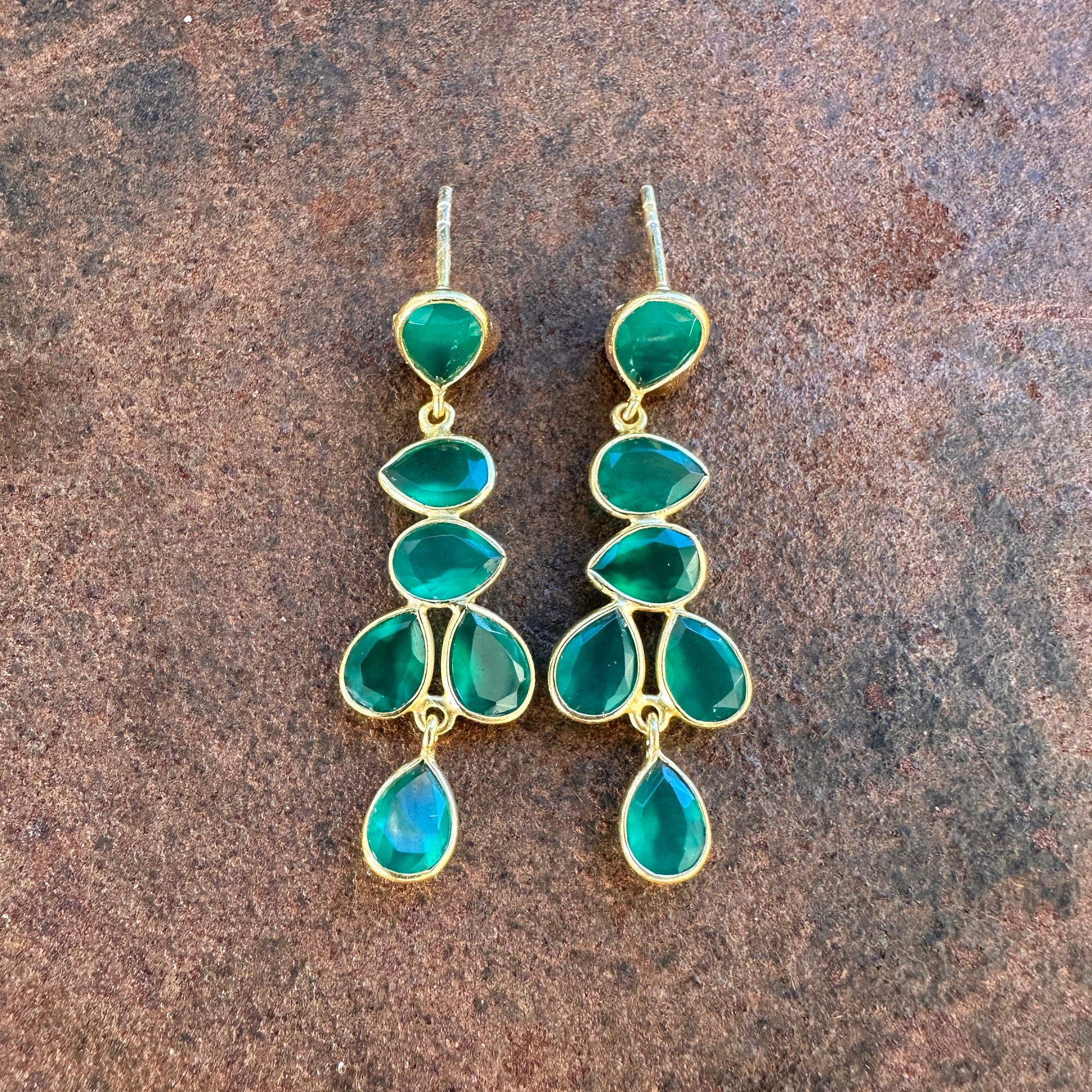 Pairi green onyx chandelier drop earrings front view, Silk Road Collection, Primitive Earth Australian jewellery
