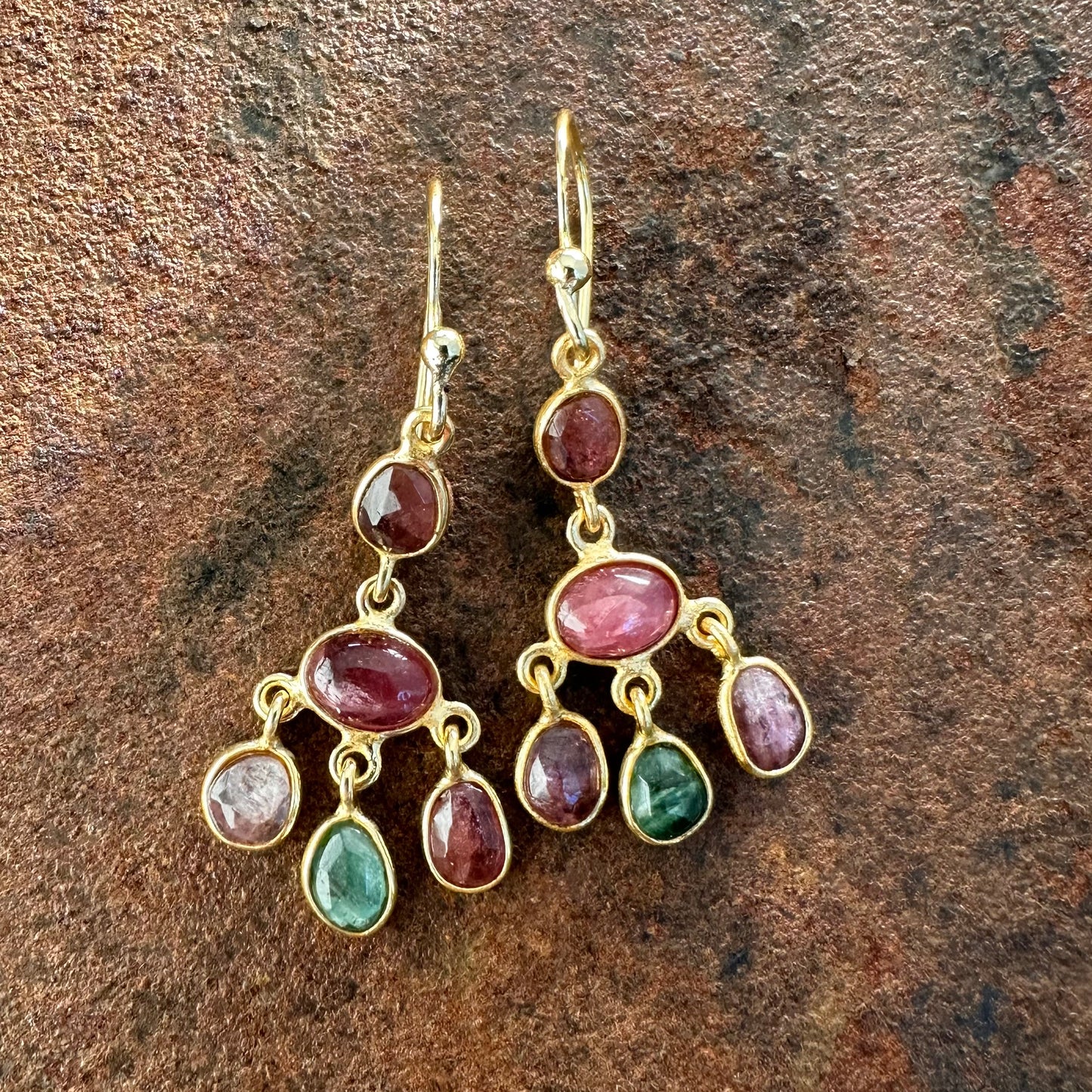 Persian Dawn tourmaline cluster drop earrings colourway one, Silk Road Collection, Primitive Earth Australian jewellery