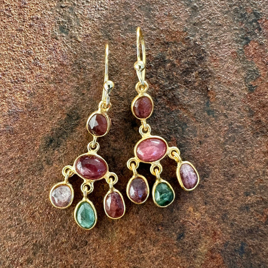Persian Dawn tourmaline cluster drop earrings colourway one, Silk Road Collection, Primitive Earth Australian jewellery