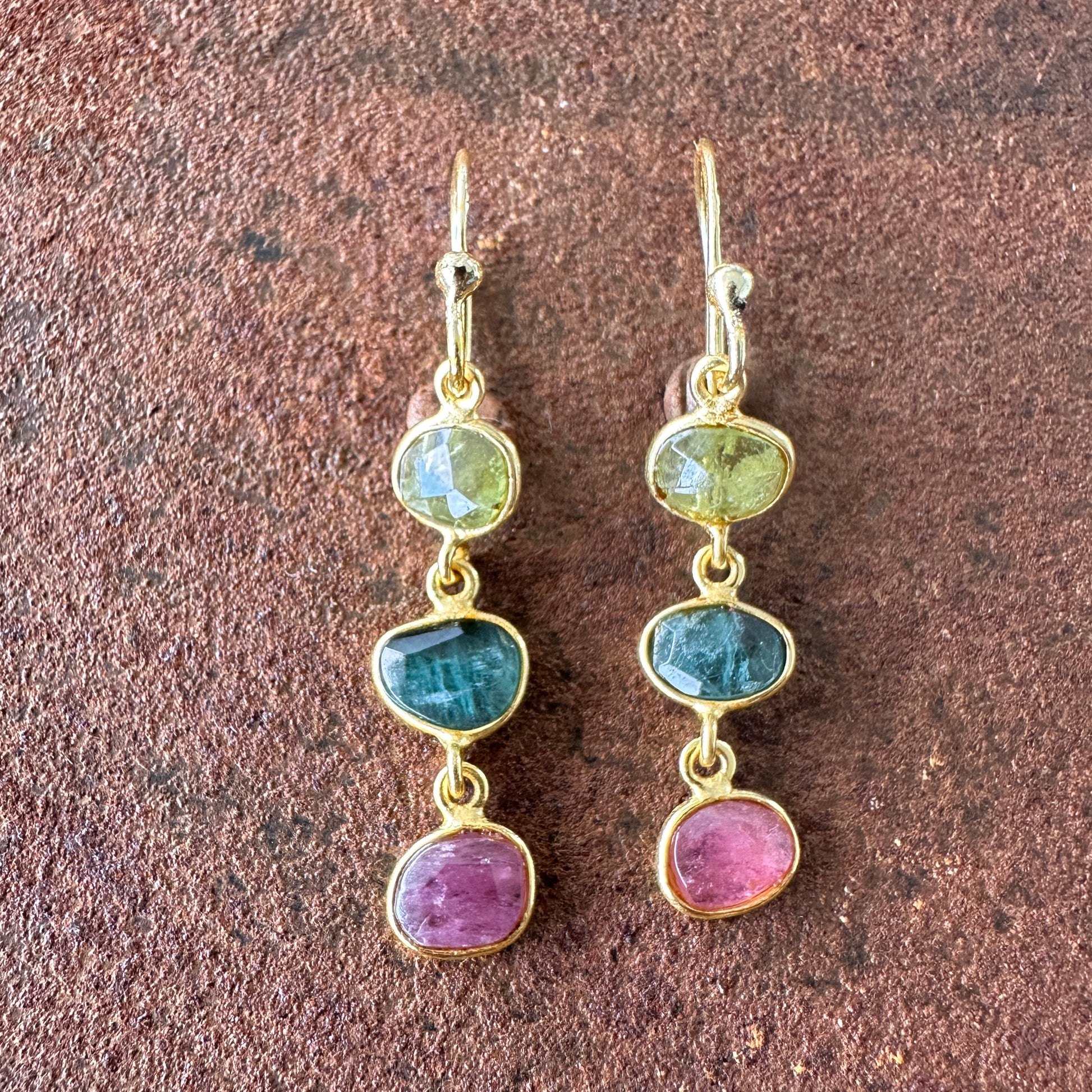 Persian Paradise tourmaline drop earrings colourway 1 front view, Silk Road Collection, Primitive Earth Australian jewellery